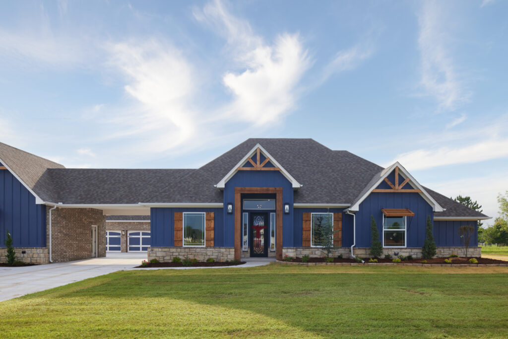 Blue Custom Home with Side Entry Garage - Cypress Circle - Goldsby OK - Landmark Fine Homes