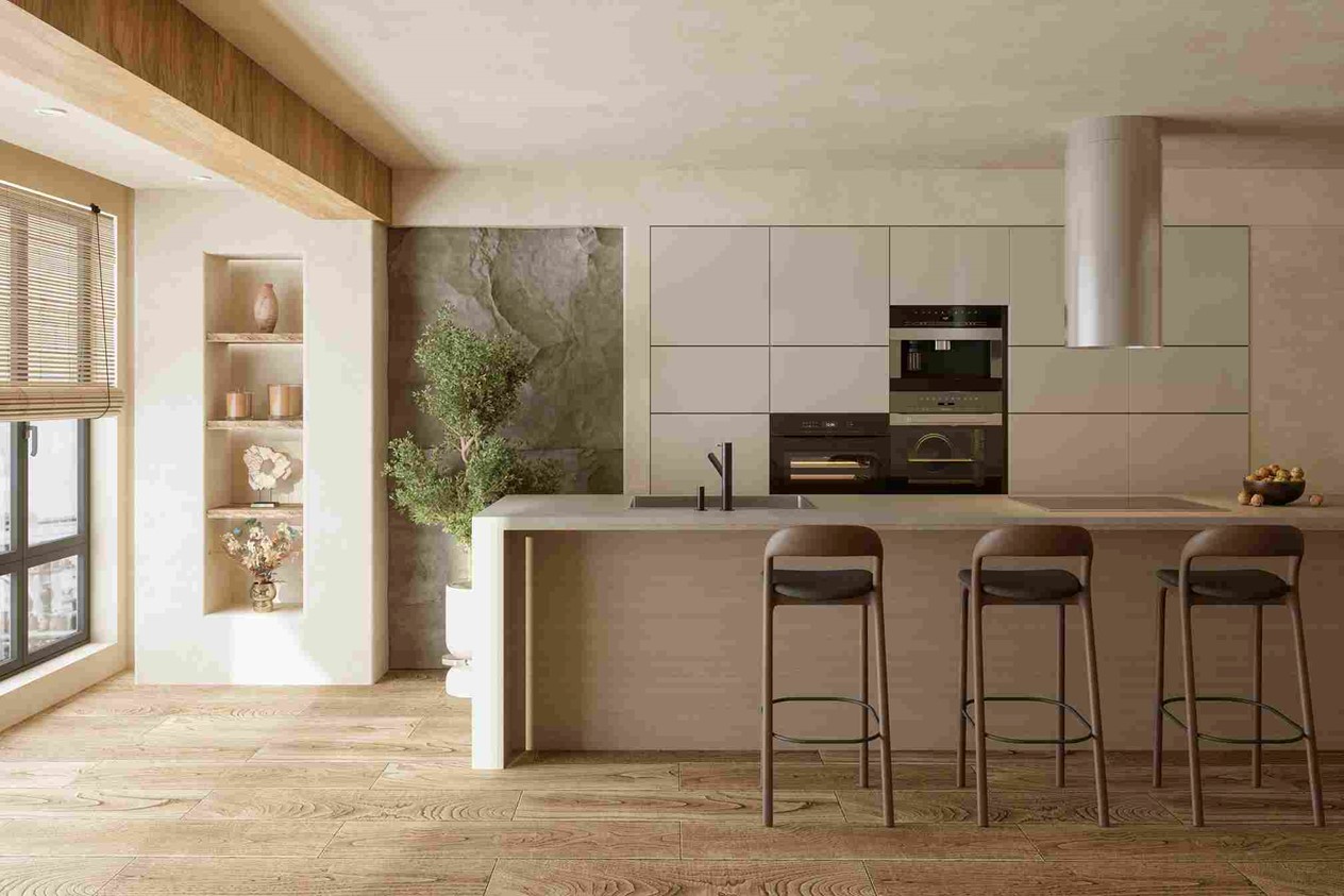 A kitchen with a bar and stools in OKC