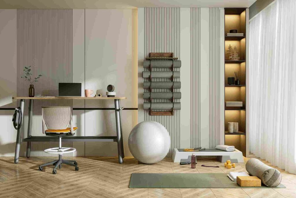 A room with a desk and a ball in OKC
