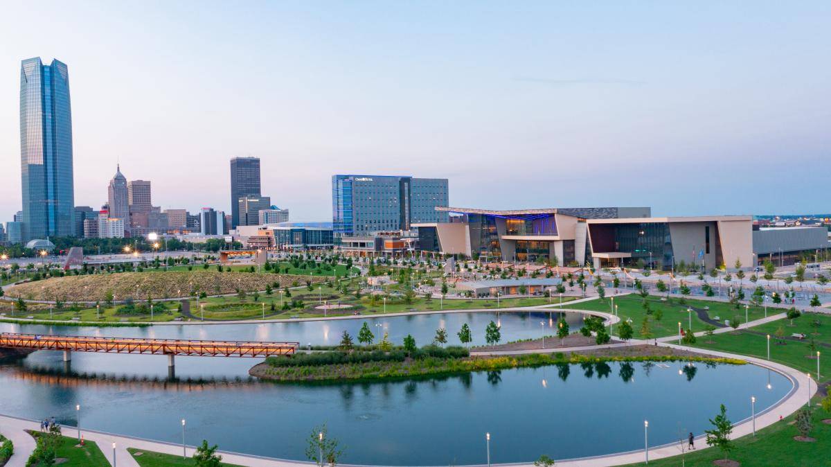 Oklahoma City metro area City skyline view with modern buildings, park space, and a shopping center